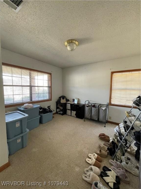 miscellaneous room featuring carpet floors, visible vents, and a textured ceiling