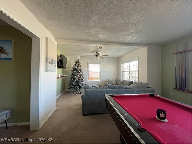 recreation room featuring visible vents, carpet flooring, ceiling fan, billiards, and baseboards