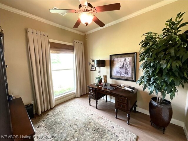 3414 Bugscuffle Rd, Lavaca, AR 72941 - office area with wood finished floors, crown molding, and a ceiling fan