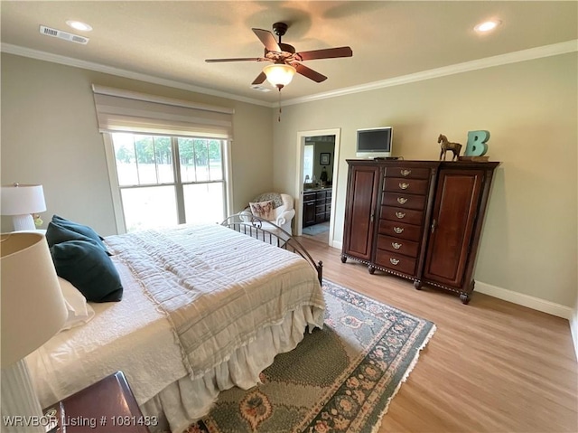 3414 Bugscuffle Rd, Lavaca, AR 72941 - bedroom featuring light wood-style floors, crown molding, ceiling fan, and recessed lighting