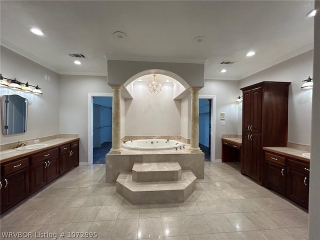 bathroom featuring vanity, a relaxing tiled tub, an inviting chandelier, and ornamental molding