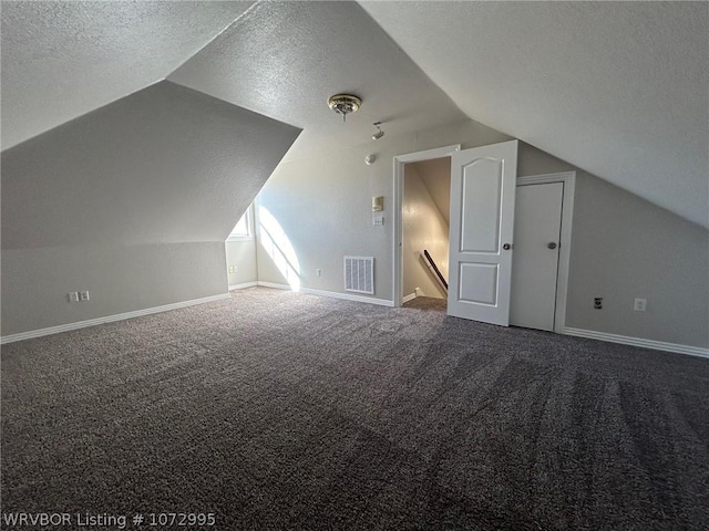 additional living space featuring a textured ceiling, carpet floors, and vaulted ceiling