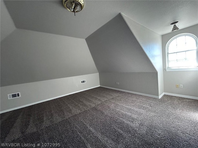 bonus room featuring a textured ceiling, carpet, and lofted ceiling