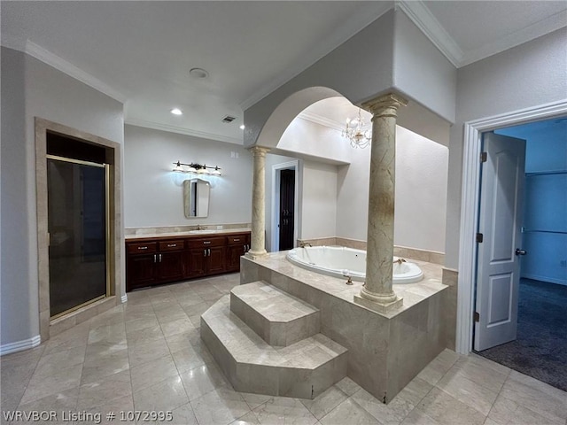 bathroom featuring vanity, crown molding, tile patterned flooring, separate shower and tub, and ornate columns