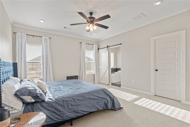 bedroom featuring multiple windows, ceiling fan, light carpet, and ornamental molding