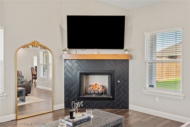 interior details with a fireplace and wood-type flooring