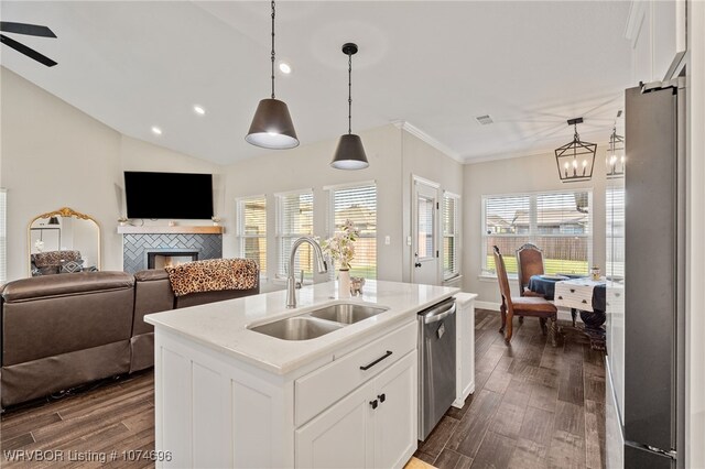 kitchen featuring appliances with stainless steel finishes, a kitchen island with sink, sink, pendant lighting, and white cabinets