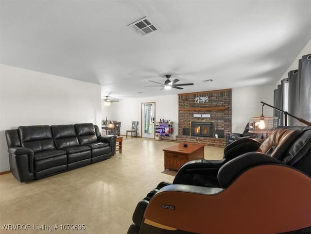 34590 Latam Ridge Rd, Shady Point, OK 74956 - living room with a ceiling fan and a brick fireplace