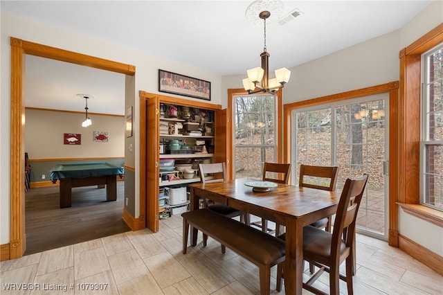 dining space featuring wood finish floors, visible vents, billiards, and baseboards