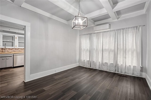 701 Witte St, Poteau, OK 74953 - unfurnished dining area with an AC wall unit, beamed ceiling, dark wood-style floors, a chandelier, and coffered ceiling