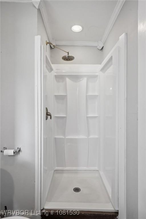 701 Witte St, Poteau, OK 74953 - full bathroom featuring ornamental molding and a shower