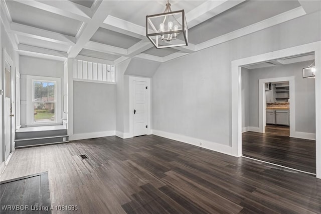 701 Witte St, Poteau, OK 74953 - bonus room featuring a chandelier, dark wood-style flooring, and beam ceiling