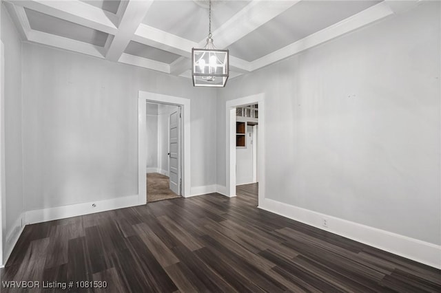 701 Witte St, Poteau, OK 74953 - unfurnished dining area featuring a chandelier, coffered ceiling, beamed ceiling, and dark wood finished floors