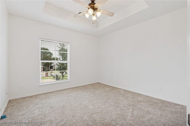 spare room with a ceiling fan, a raised ceiling, carpet flooring, and baseboards