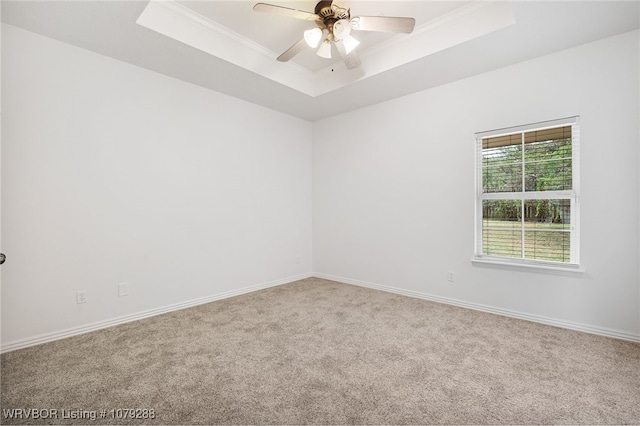 carpeted spare room featuring a ceiling fan, baseboards, a tray ceiling, and crown molding