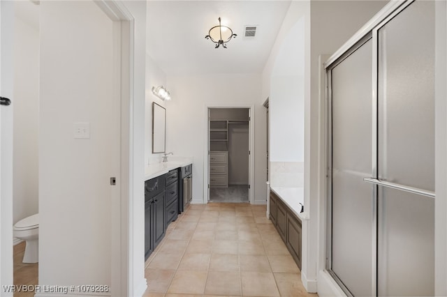 bathroom with a shower stall, visible vents, a walk in closet, and vanity