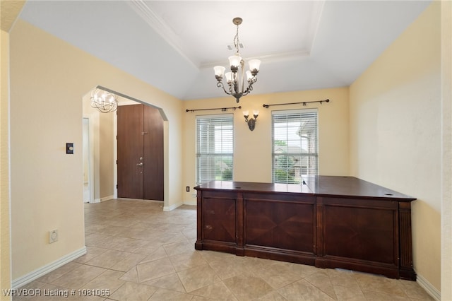 2117 Parkway Cir, Van Buren, AR 72956 - home office with a chandelier, arched walkways, a raised ceiling, light tile patterned floors, and baseboards
