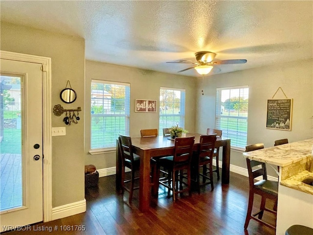 102437 S 4620th Rd, Sallisaw, OK 74955 - dining area with healthy amount of natural light, dark wood-style flooring, a textured ceiling, and ceiling fan