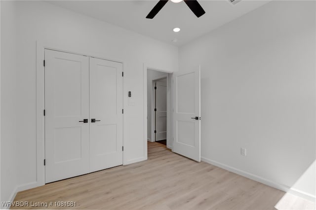 9009 Carson Way, Fort Smith, AR 72908 - unfurnished bedroom featuring light wood-style floors, baseboards, a closet, ceiling fan, and recessed lighting