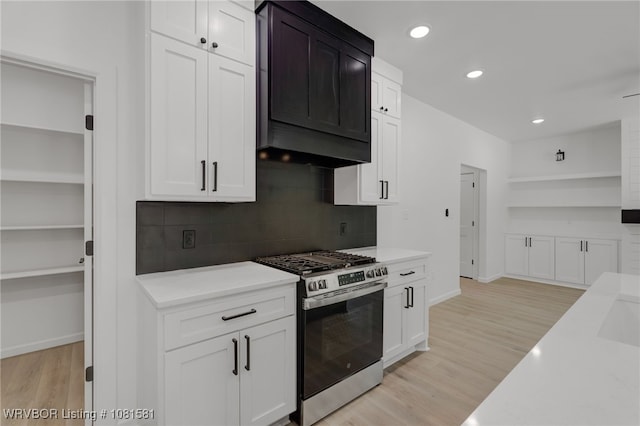 9009 Carson Way, Fort Smith, AR 72908 - kitchen with open shelves, stainless steel gas stove, light countertops, light wood finished floors, and recessed lighting