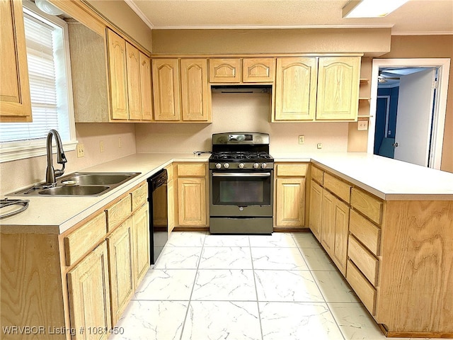 1800 N 45th Ter, Fort Smith, AR 72904 - kitchen with stainless steel gas range, light brown cabinetry, black dishwasher, light marble finish flooring, and crown molding