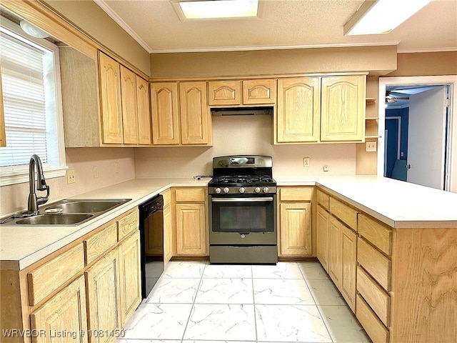 1800 N 45th Ter, Fort Smith, AR 72904 - kitchen with stainless steel gas range oven, light brown cabinets, black dishwasher, and ornamental molding