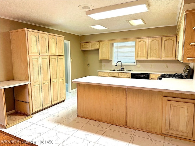 1800 N 45th Ter, Fort Smith, AR 72904 - kitchen with a sink, gas range oven, crown molding, a peninsula, and light marble finish floors