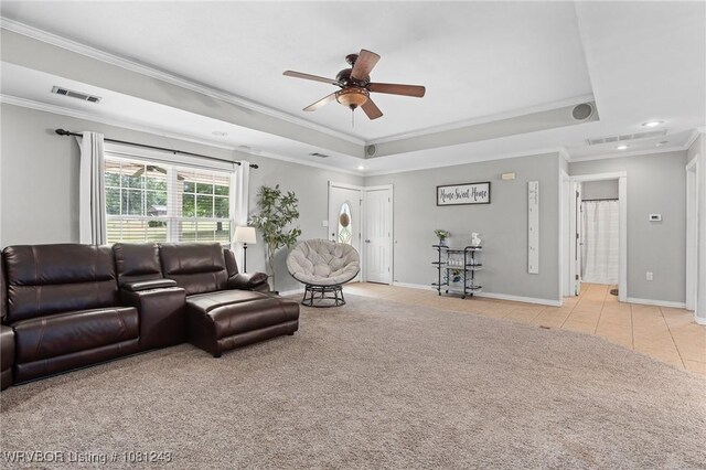1205 S Division St, Lavaca, AR 72941 - living area featuring crown molding, a raised ceiling, ceiling fan, recessed lighting, and light tile patterned floors