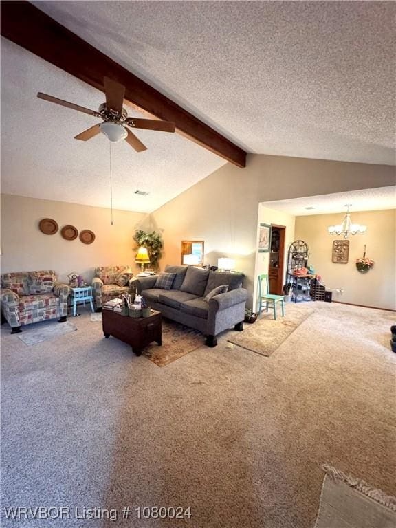 9704 Apple Gate Dr, Fort Smith, AR 72903 - carpeted living room featuring a textured ceiling, lofted ceiling with beams, and ceiling fan with notable chandelier
