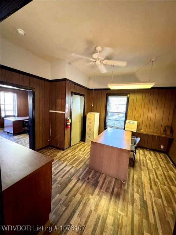 kitchen with a wealth of natural light, ceiling fan, light hardwood / wood-style flooring, and a kitchen island