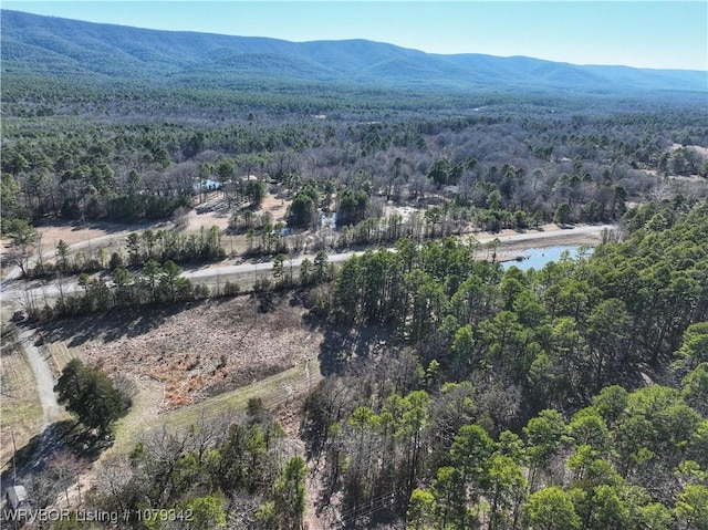 birds eye view of property featuring a water and mountain view and a view of trees