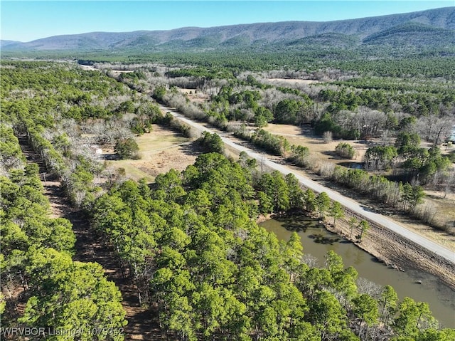 bird's eye view with a wooded view and a water and mountain view