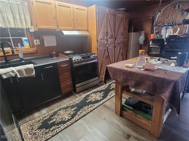 kitchen with sink, stainless steel gas range, white fridge, light hardwood / wood-style floors, and light brown cabinetry