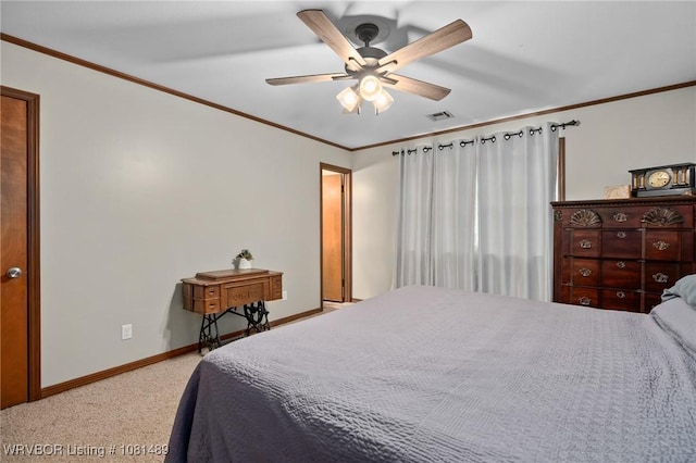 2650 Spielerville Rd, Paris, AR 72855 - bedroom featuring baseboards, light carpet, crown molding, and a ceiling fan