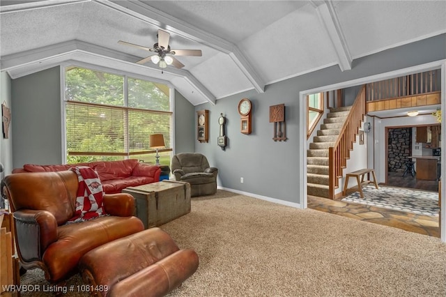 2650 Spielerville Rd, Paris, AR 72855 - carpeted living area with lofted ceiling, ceiling fan, stairs, baseboards, and a textured ceiling