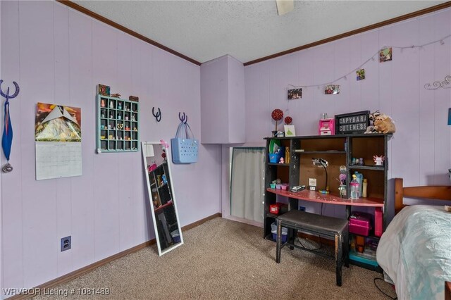 2650 Spielerville Rd, Paris, AR 72855 - carpeted bedroom with crown molding, a textured ceiling, and baseboards