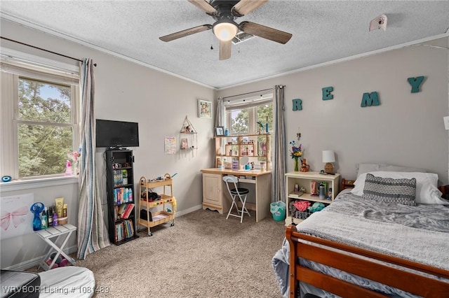 2650 Spielerville Rd, Paris, AR 72855 - carpeted bedroom featuring ornamental molding, a textured ceiling, baseboards, and ceiling fan