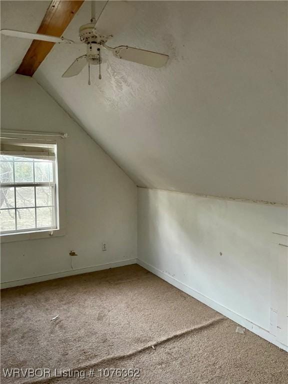 additional living space with carpet, ceiling fan, and vaulted ceiling