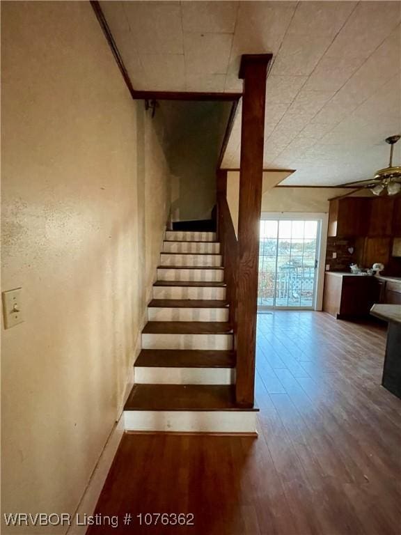 stairway featuring ceiling fan, crown molding, and hardwood / wood-style flooring