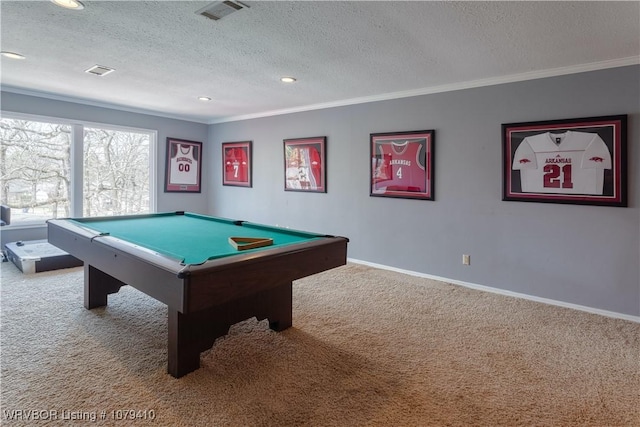 rec room featuring visible vents, carpet floors, baseboards, and crown molding