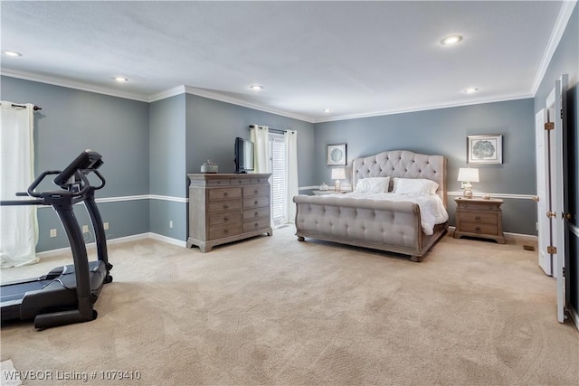 carpeted bedroom featuring recessed lighting, baseboards, and crown molding