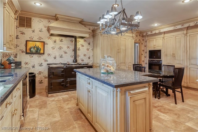 kitchen with custom exhaust hood, wallpapered walls, black appliances, and ornamental molding