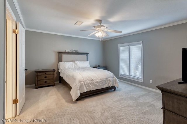 bedroom with baseboards, light carpet, and ornamental molding