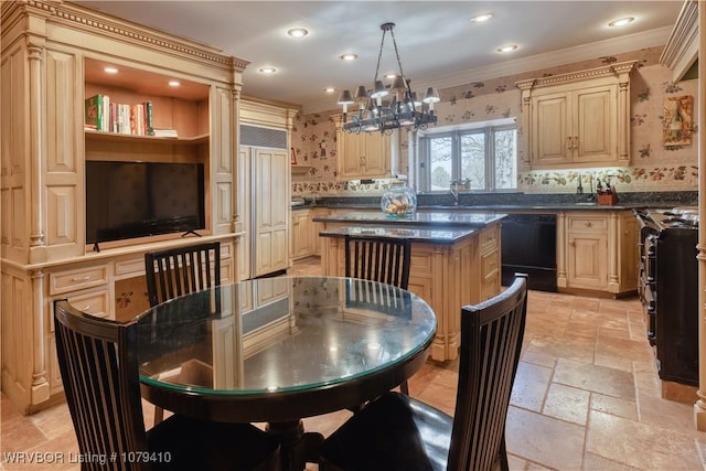 kitchen with dark countertops, wallpapered walls, black dishwasher, ornamental molding, and stone tile flooring