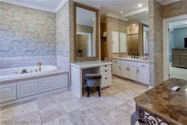 full bathroom featuring a bath, recessed lighting, vanity, and ornamental molding