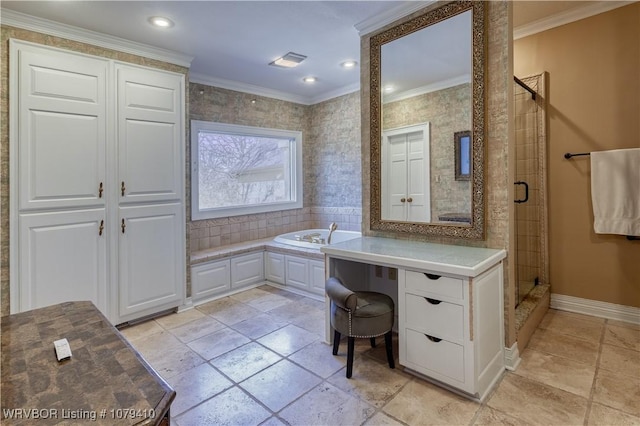 full bath with a shower stall, baseboards, ornamental molding, recessed lighting, and a bath