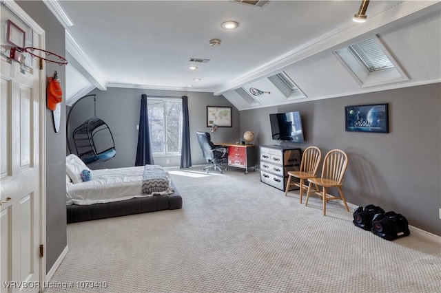 carpeted bedroom with lofted ceiling with beams, crown molding, baseboards, and visible vents