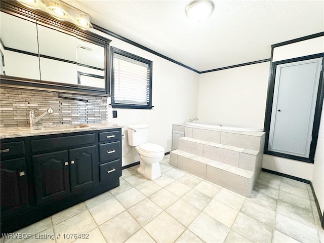 bathroom with vanity, backsplash, a bath, crown molding, and toilet