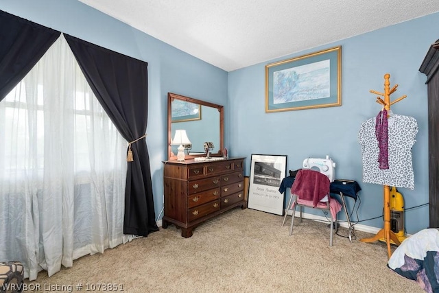 bedroom featuring light carpet