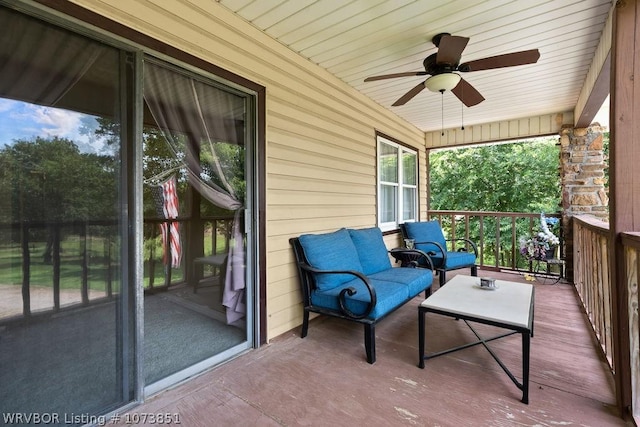 exterior space with ceiling fan